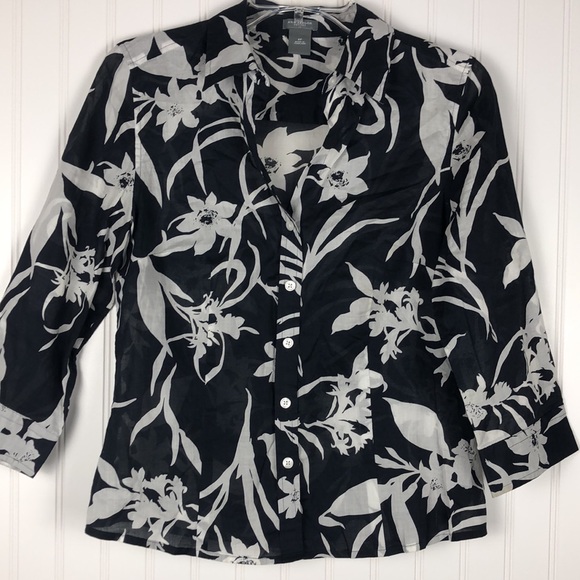 Ann Taylor Petites Navy Blue/White Floral Blouse - Picture 2 of 7